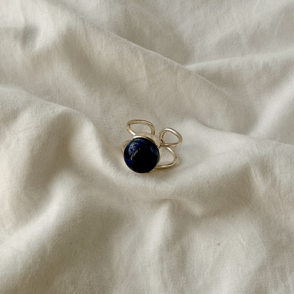 Silver Plated Cushion Sphere Sodalite Adjustable Ring (US 5.5-9.5)